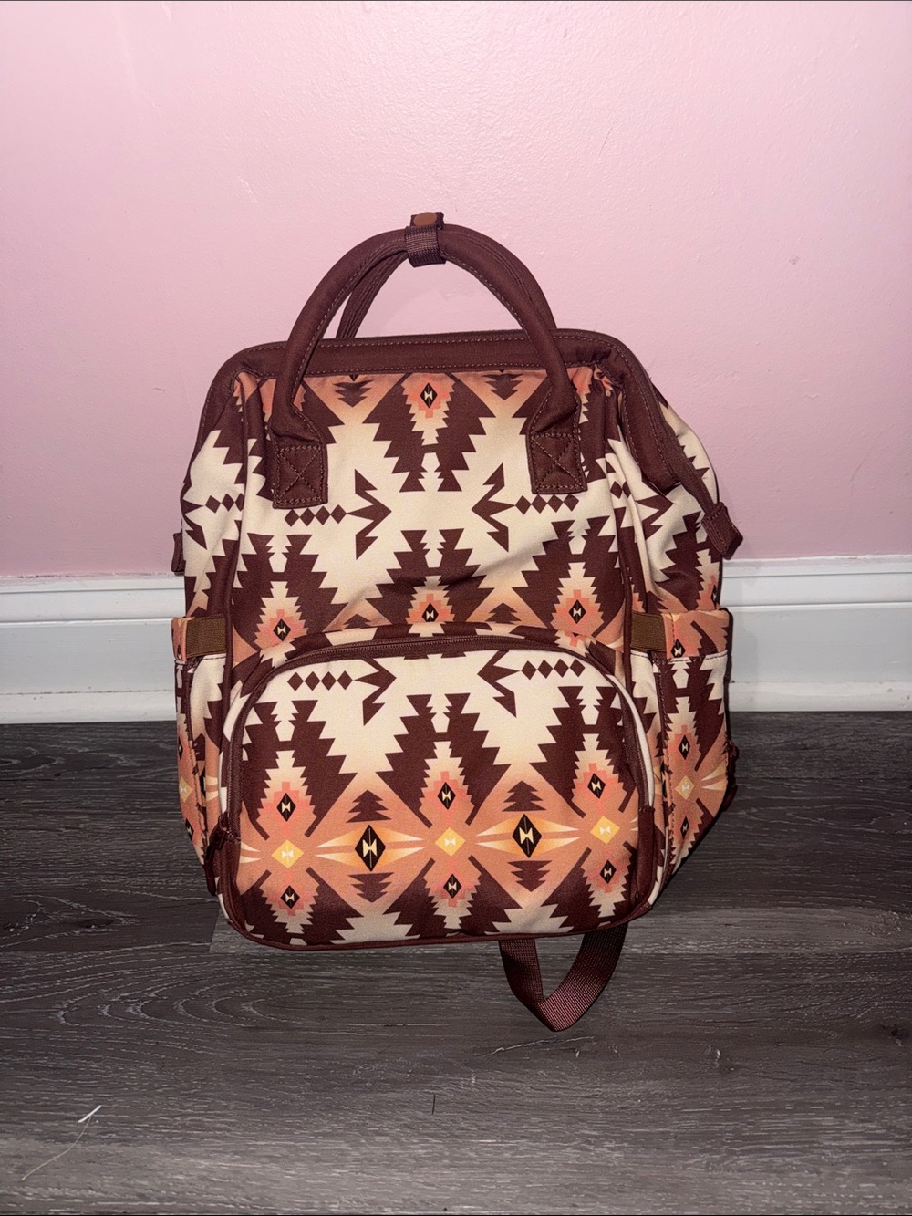 Wrangler Aztec-Pattern Women’s Backpack Tote - Brown & Peach